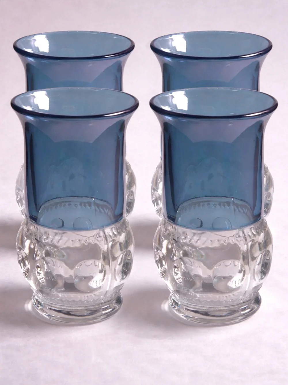 Vintage Tiffin Blue Flashed Glass Tumblers Set 4 King’s Crown Thumbprint MCM